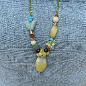 14 to 17.5 inch Beaded Necklace with Light Green Stone Pendant, Butterfly Bead